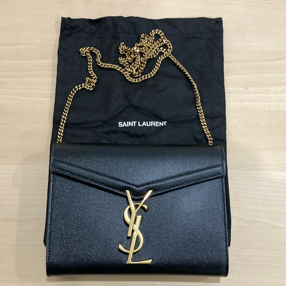 YSL Cassandra Leather Wallet on a chain - black and gold